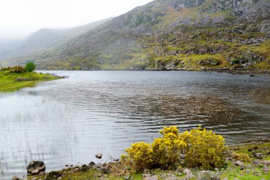 Loe Nehri ve dar dağ yolu Rüzgar Dunloe Gap vadisinde, Macgillycuddy's Reeks dağlarda yuvalanmış, County Kerry, İrlanda