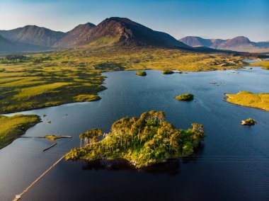 Oniki Pines Adası, oniki Pins veya Twelve Bens, Connemara, County Galway, İrlanda denilen bir dağ sırasının keskin zirveleri tarafından oluşturulan muhteşem bir arka plan üzerinde duran