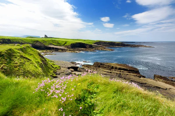 Mullaghmore Head'in muhteşem manzarası, kıyıya vuran dev dalgalar. Muhteşem Classiebawn Kalesi ile pitoresk sahne. Wild Atlantic Way, County Sligo, İrlanda — Stok fotoğraf