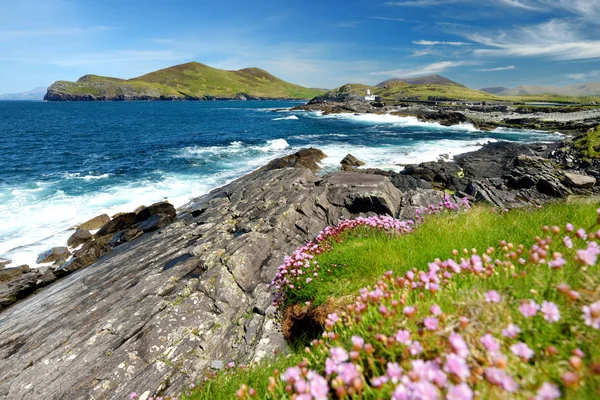 Nádherný výhled na maják na ostrově Valentia v Cromwell Point. Místa, která stojí za návštěvu na divokém Atlantiku. Hrabství Kerry, Irsko. — Stock fotografie