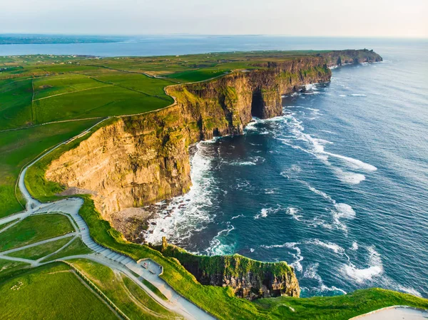 World famous Cliffs of Moher, one of the most popular tourist destinations in Ireland. Aerial view of known tourist attraction on Wild Atlantic Way in County Clare. — Stock Photo, Image