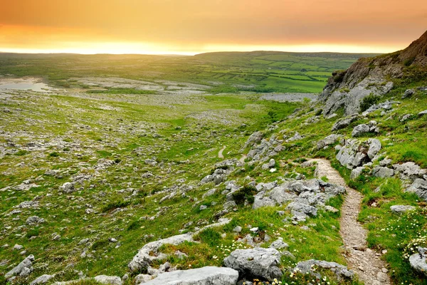 Nádherná krajina v oblasti Burren v kraji Clare, Irsko. Exponované krasové vápencové podloží v národním parku Burren. — Stock fotografie