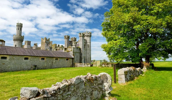 Les tours et les tourelles de Ducketts Grove, une grande maison ruinée du XIXe siècle dans le comté de Carlow, en Irlande . — Photo