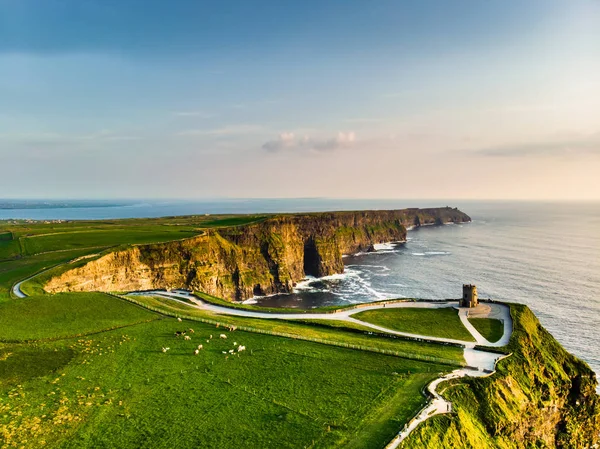 World famous Cliffs of Moher, one of the most popular tourist destinations in Ireland. Aerial view of known tourist attraction on Wild Atlantic Way in County Clare. — Stock Photo, Image