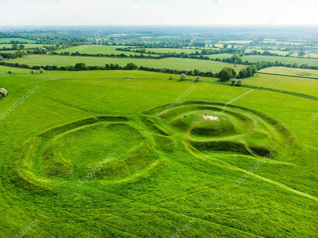 Aerial view of the Hill of Tara, an archaeological complex, containing a number of ancient monuments used as the seat of the High King of Ireland, County Meath, Ireland