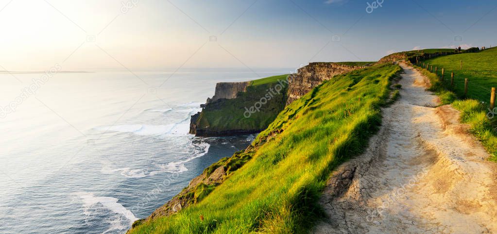 World famous Cliffs of Moher, one of the most popular tourist destinations in Ireland. Widely known tourist attraction on Wild Atlantic Way in County Clare.