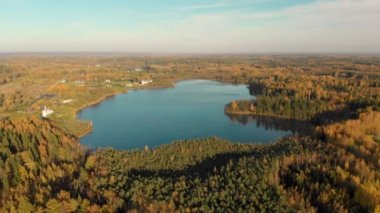 Sonbahar ormanının kuş bakışı manzarası ve küçük bir göl