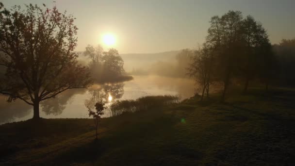 Mooie mistig Lake Aerial scene in de herfst met oranje en geel loof — Stockvideo