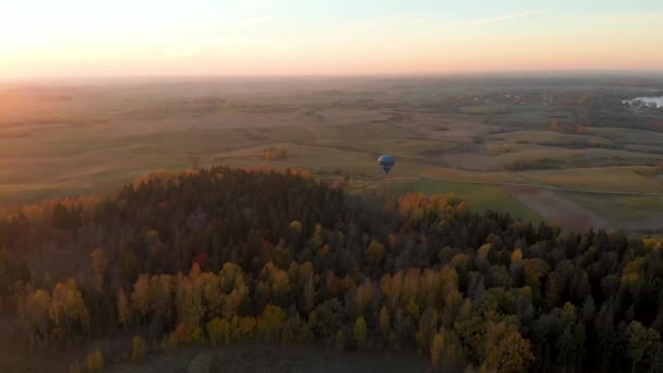 Paisaje aéreo con coloridos globos de aire caliente volando sobre los bosques — Vídeo de stock