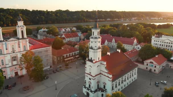 Вид с воздуха на Каунасскую Ратушную площадь — стоковое видео