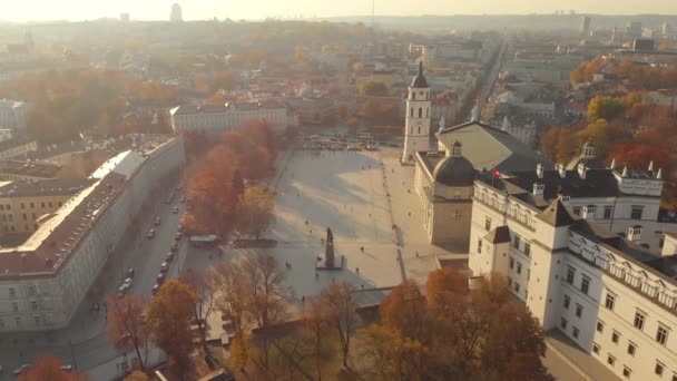 Vista aérea por la mañana de la Plaza de la Catedral de Vilna — Vídeos de Stock