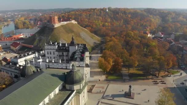 Widok z lotu ptaka na Plac Katedralny i wieżę zamkową Gediminas — Wideo stockowe