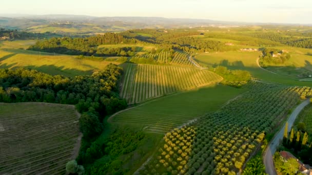 Toscaanse platteland luchtfoto landschap met velden, wijngaarden en wegen bij zonsondergang — Stockvideo