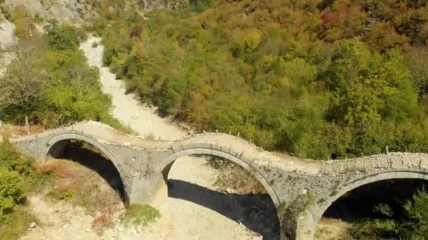 Vista Aérea Del Puente Piedra Arqueada Plakidas Región Zagori Bosque — Vídeos de Stock