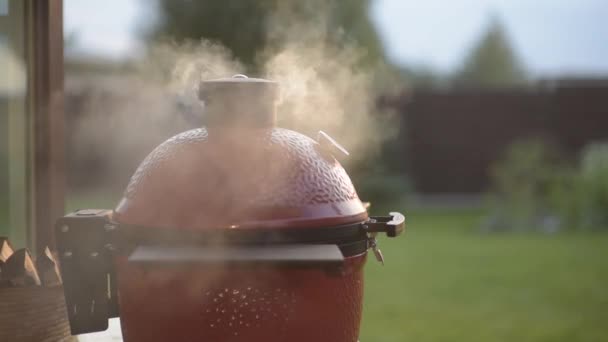 Grill fumant vue rapprochée extérieure — Video