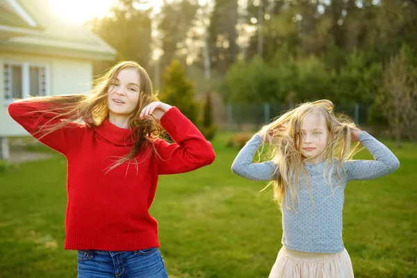 在阳光明媚的夏日 两个可爱的姐姐在草地上嬉戏 孩子们很傻 玩得很开心 家庭时间 — 图库照片