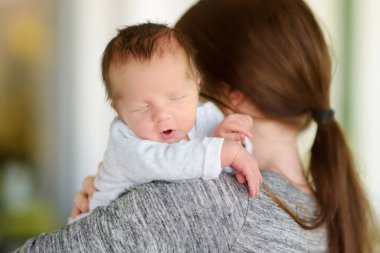 Annesinin kollarında küçük tatlı bir erkek bebek. Evde küçük bir bebeğin portresi. Annesi tarafından kucaklanan sevimli bir oğul. Yeni neşe demeti.