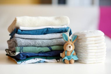Bebek kıyafetleri, tek kullanımlık bebek bezleri ve oyuncak bir tavşan. Ebeveyn masrafları konsepti. Bebek bütçesi hazırlıyorum. Yeni doğmuş bir bebek için para biriktiriyorum. Yeni bir bebek için bütçe ayırıyorum..