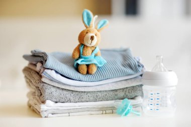 Bir yığın bebek giysisi, beslenme şişesi, emzik ve oyuncak tavşan. Ebeveyn masrafları konsepti. Bebek bütçesi hazırlıyorum. Yeni doğmuş bir bebek için para biriktiriyorum. Yeni bir bebek için bütçe ayırıyorum..