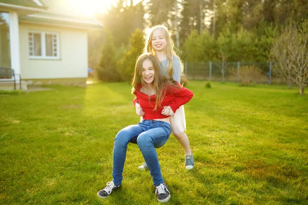 Två Söta Systrar Som Leker Tillsammans Gräset Solig Sommardag Barn — Stockfoto