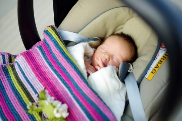 Édes Kisfiú Békésen Alszik Gyerekülésen Újszülöttet Gyerekülésben Cipelik Családi Kikapcsolódás — Stock Fotó