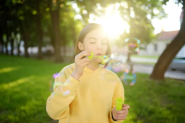 Pretty Teenage Girl Blowing Soap Bubbles Sunset Child Having Fun — Stock Photo, Image