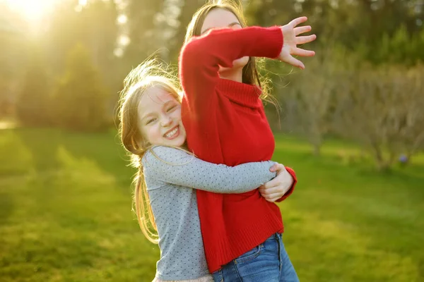 Två Söta Systrar Som Leker Tillsammans Gräset Solig Sommardag Barn — Stockfoto