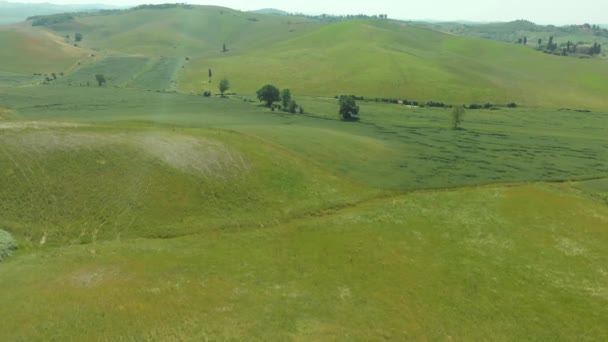 Uitzicht vanuit de lucht op de groene Toscana velden op zonnige zomerdag — Stockvideo