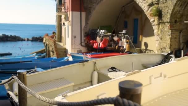 Bunte Boote in der kleinen Marina von Riomaggiore, Cinque Terre, Ligurien, Italien — Stockvideo