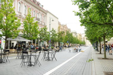 VILNIUS, LITHUANIA - 14 Temmuz 2020: Gediminas Bulvarı, Vilnius 'un ana caddesi, Litvanya hükümet ve parlamento da dahil olmak üzere birçok devlet kurumunun yoğunlaştığı yer..
