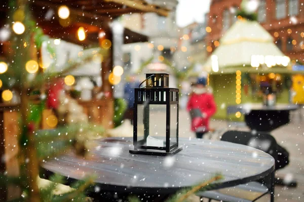 Lanterna Como Uma Decoração Uma Mesa Madeira Mercado Natal Riga — Fotografia de Stock