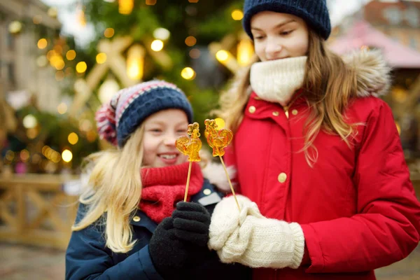 ラトビアのリガで開催される伝統的なクリスマスフェアには 鶏の形をしたロリポップを持つ2人の愛らしい姉妹 クリスマスマーケットでお菓子やキャンディー ジンジャーブレッドを楽しむ子供たち 家族や子供と冬の時間 — ストック写真
