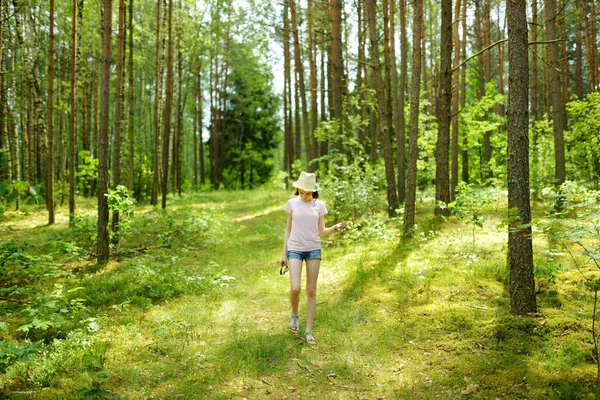 Menina Bonito Divertindo Durante Caminhada Floresta Belo Dia Verão Criança — Fotografia de Stock