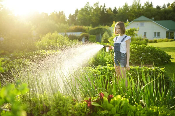 Cute Young Girl Watering Flower Beds Garden Summer Day Child — Stock Photo, Image