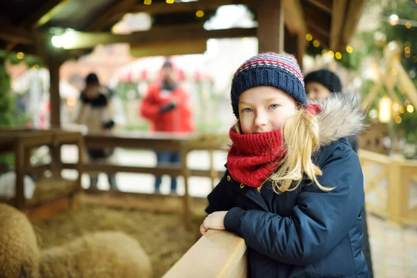 Jolie Jeune Fille Qui Amuse Nourrir Des Lapins Des Moutons — Photo