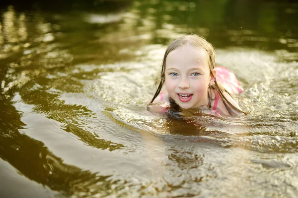 Cute Little Girl Wearing Swimsuit Playing River Hot Summer Day — Stock Photo, Image