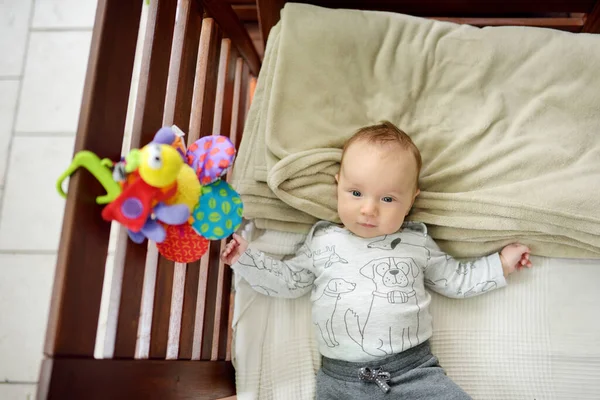 Lindo Niño Tres Meses Jugando Con Sus Juguetes Coloridos Aire — Foto de Stock