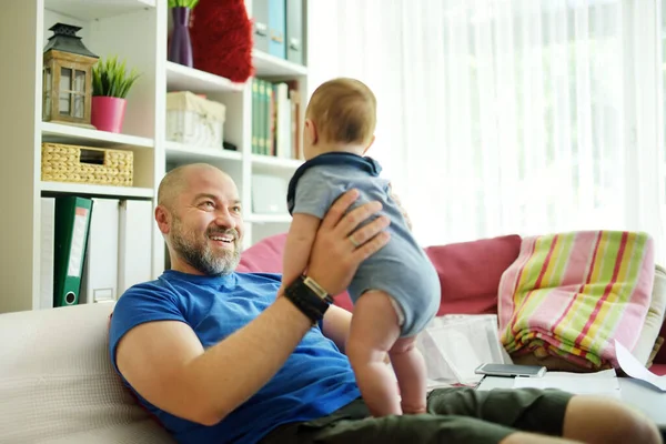 Young Dad Works Remotely Home Office Baby Freelancer Man Holding — Stock Photo, Image