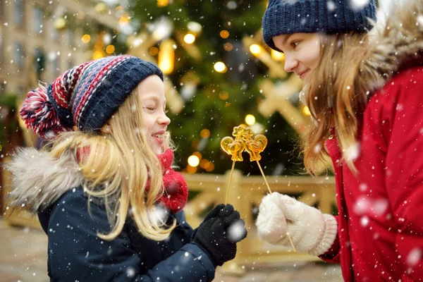 Two Adorable Sisters Having Rooster Shaped Lollipops Traditional Christmas Fair — Stock Photo, Image
