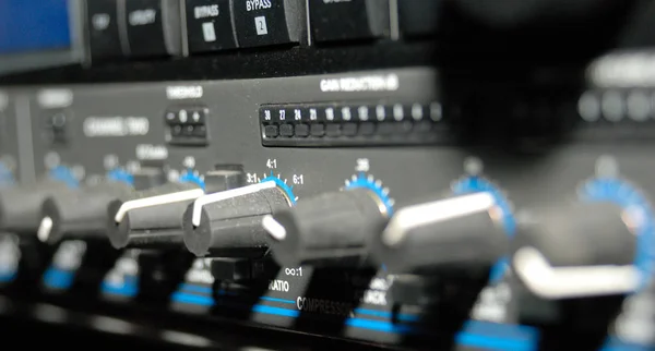 Audio effects processors in a rack. Sound Recording Equipment (Media Equipment). Recording studio.