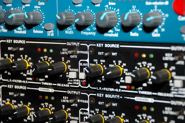 Audio effects processors in a rack. Sound Recording Equipment (Media Equipment). Recording studio.