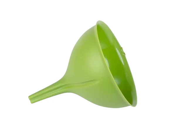 Green plastic kitchen funnel isolated on white background