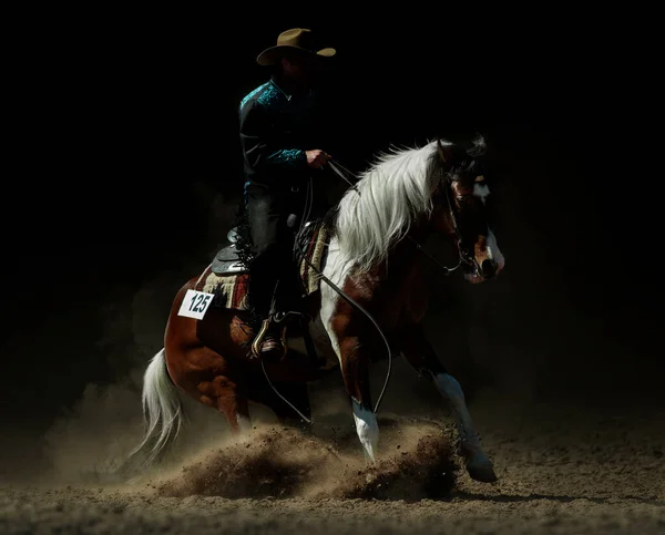 Cowboy Een Paard Tijdens Het Teugelelement Van Western Stockfoto