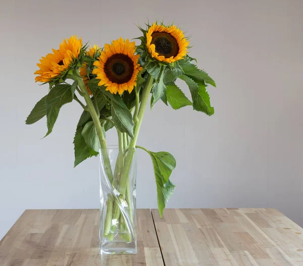 Sunflowers Glass Vase Wooden Table — Stock Photo, Image