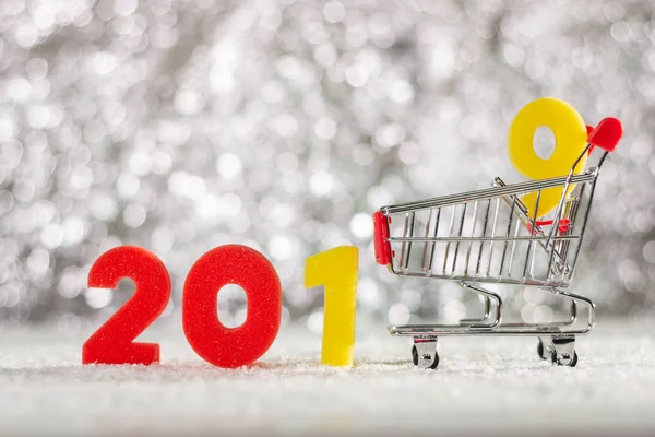 2019 Number Digits Shopping Cart Background Festive Lights Concept New — Stock Photo, Image