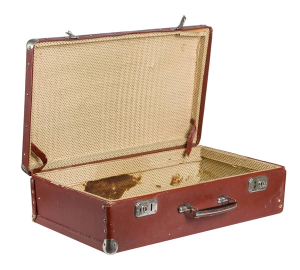 Retro Koffer Met Open Deksel Witte Geïsoleerde Achtergrond — Stockfoto