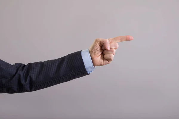 Businessman Hand Points His Index Finger Gray Background — Stock Photo, Image