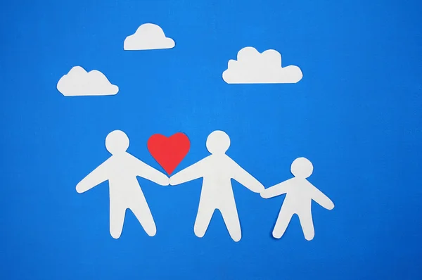 Paper Figures Mom Dad Baby Holding Hands Blue Background Concept — Stock Photo, Image