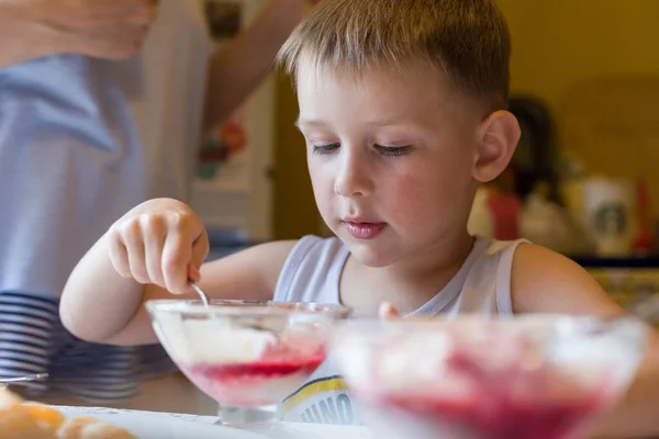 Cute Little Boy Eating Ice Cream Bowl Sitting Table Kitchen — Stock Photo, Image