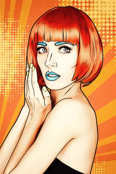 Portrait of young woman in comic pop art make-up style. Female in red wig on yellow - orange cartoon background.